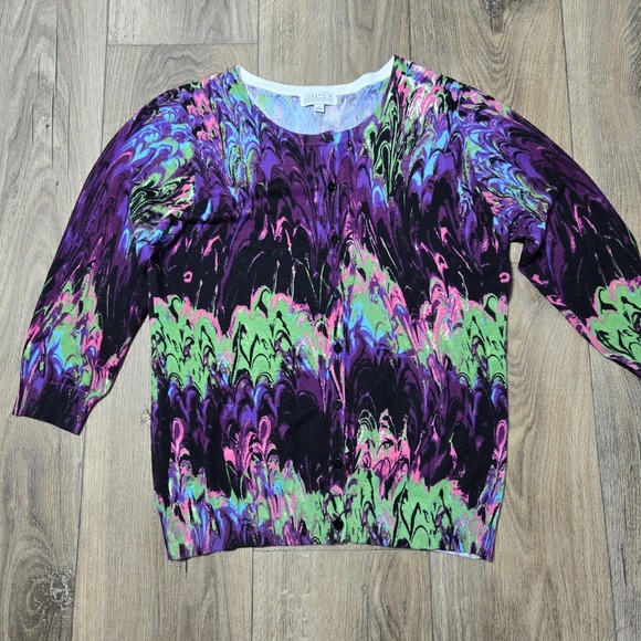 Joseph A Vtg Purple Marbled 3/4 Sleeve Sweater Women Large  Button Up Artsy - Picture 1 of 11
